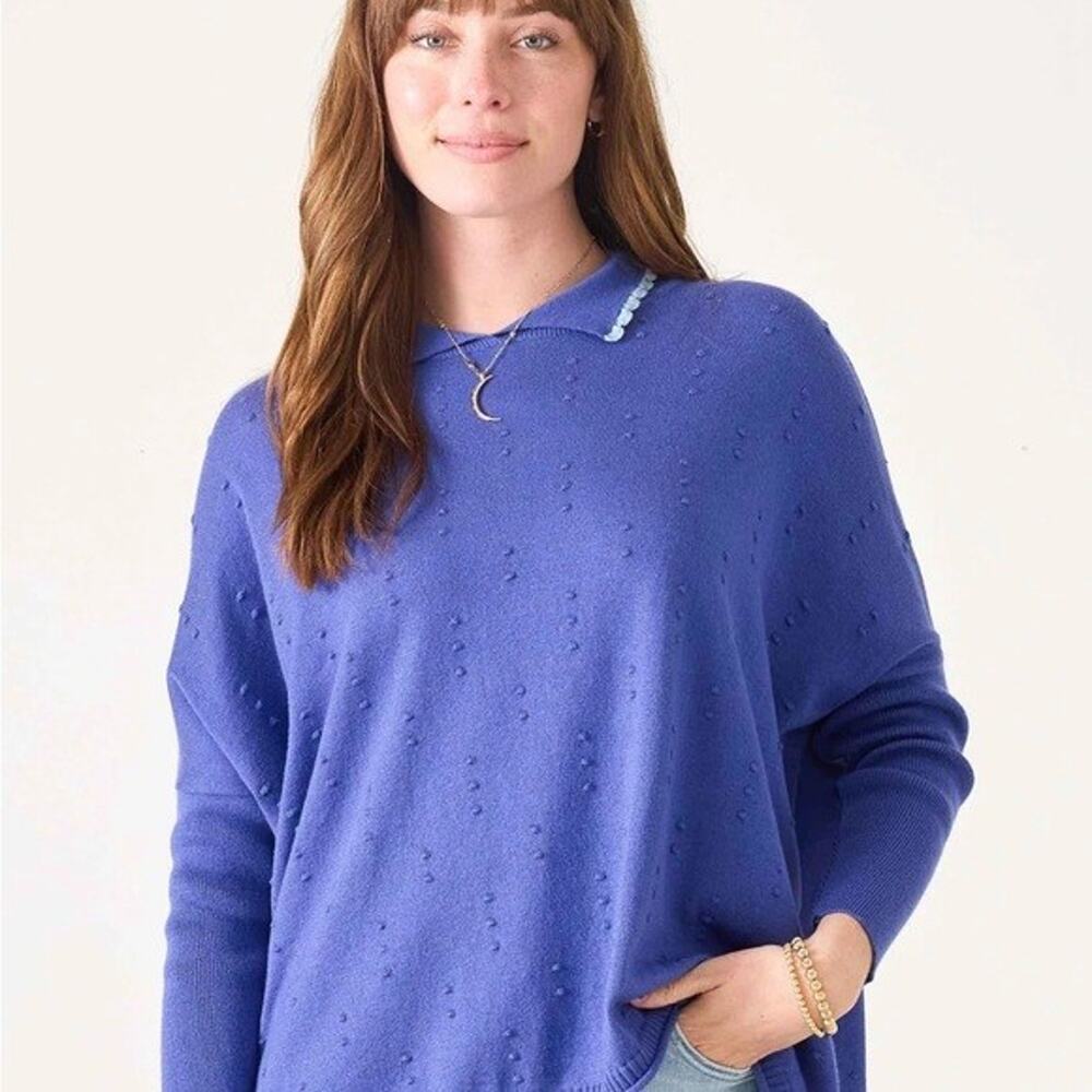 Mersea Designer Blue Scalloped Collar Crew Neck Sweater OS XS Small Medium Large